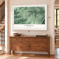 Fairmount, Tennessee map, 24 x 36 inch print in a white frame above a dresser by a staircase