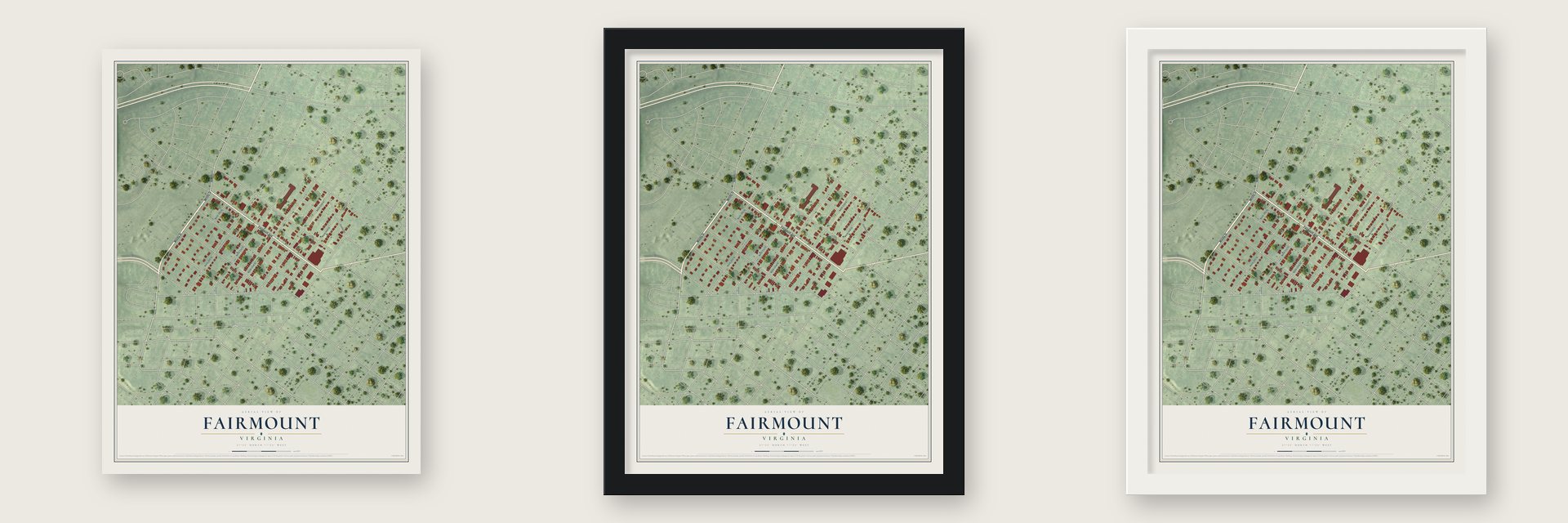 Fairmount, Virginia map unframed, in a black wood frame and in a white wood frame