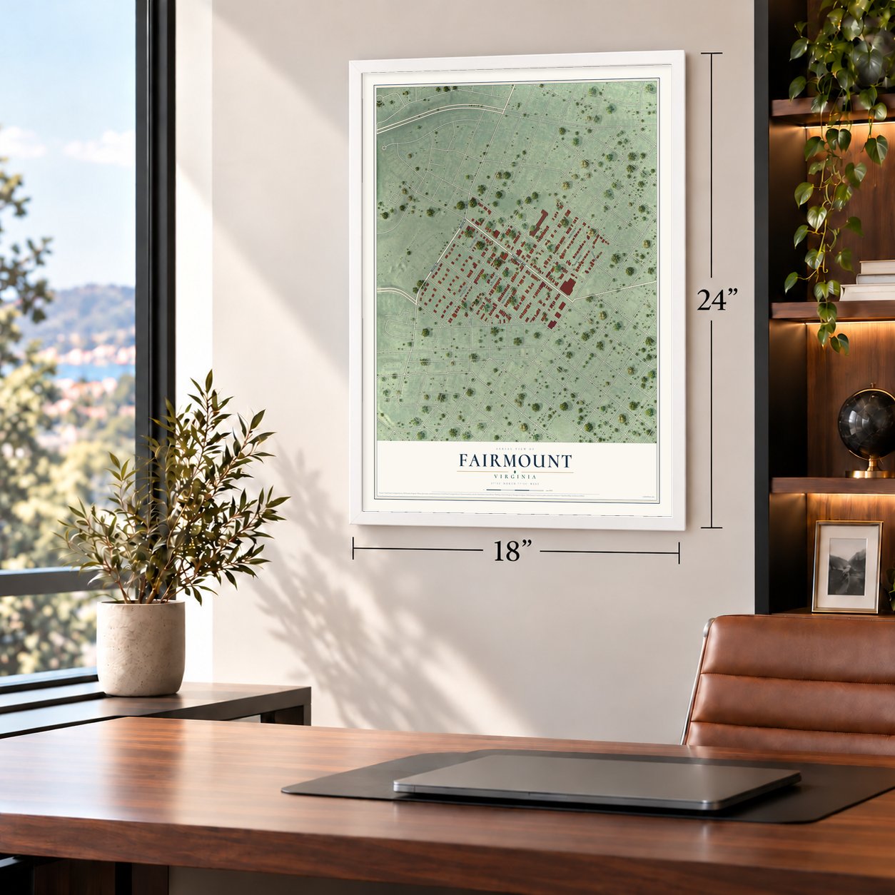 Fairmount, Virginia map, 18 x 24 inch print in a white frame in a home office