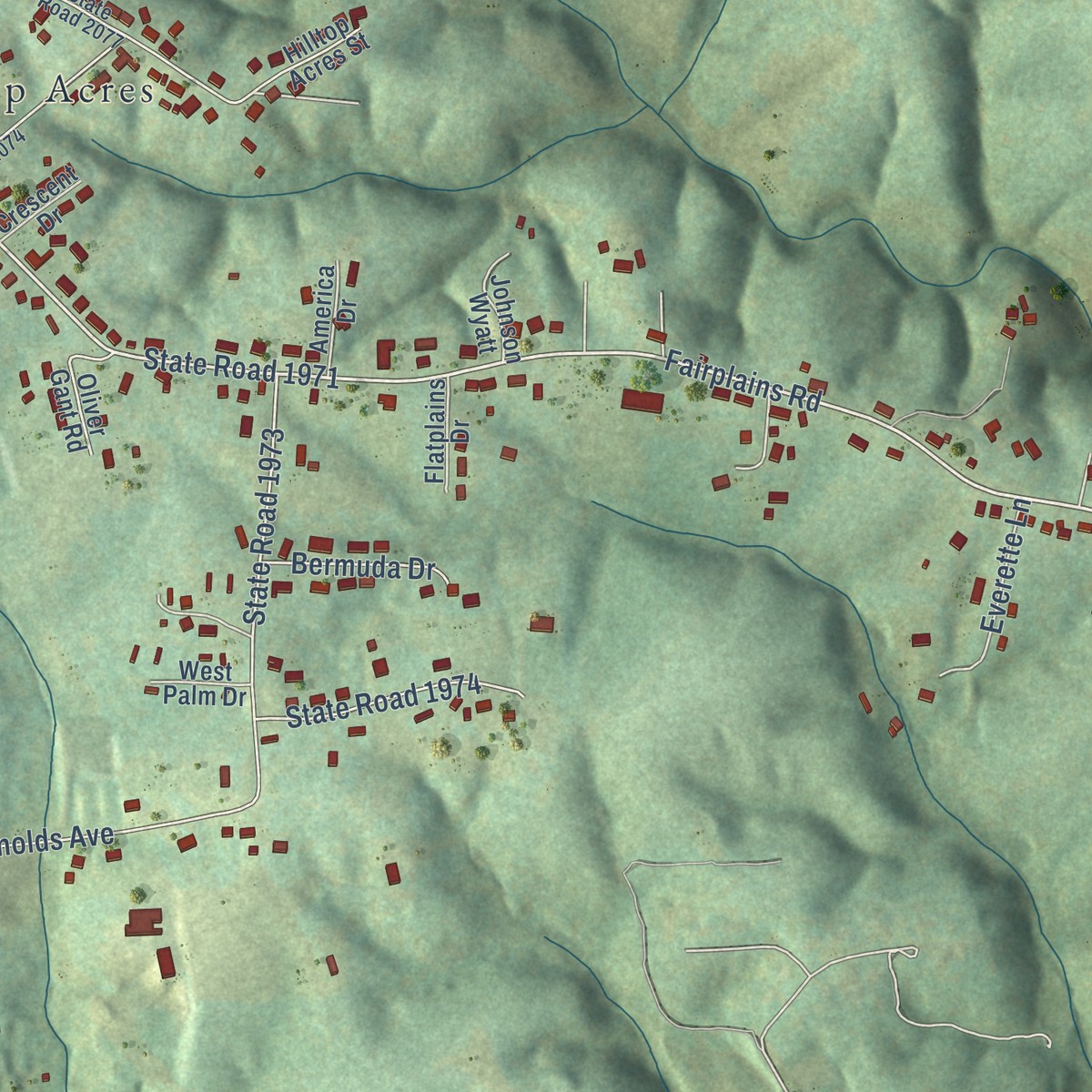 Second close-up of the map of Fairplains, North Carolina print showing more streets and buildings
