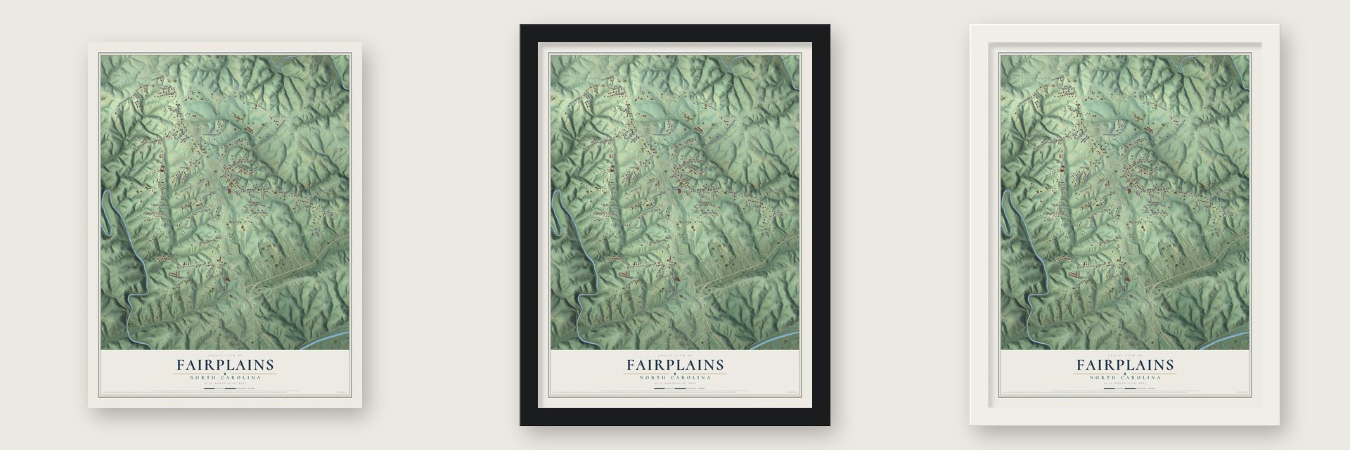 Fairplains, North Carolina map unframed, in a black wood frame and in a white wood frame
