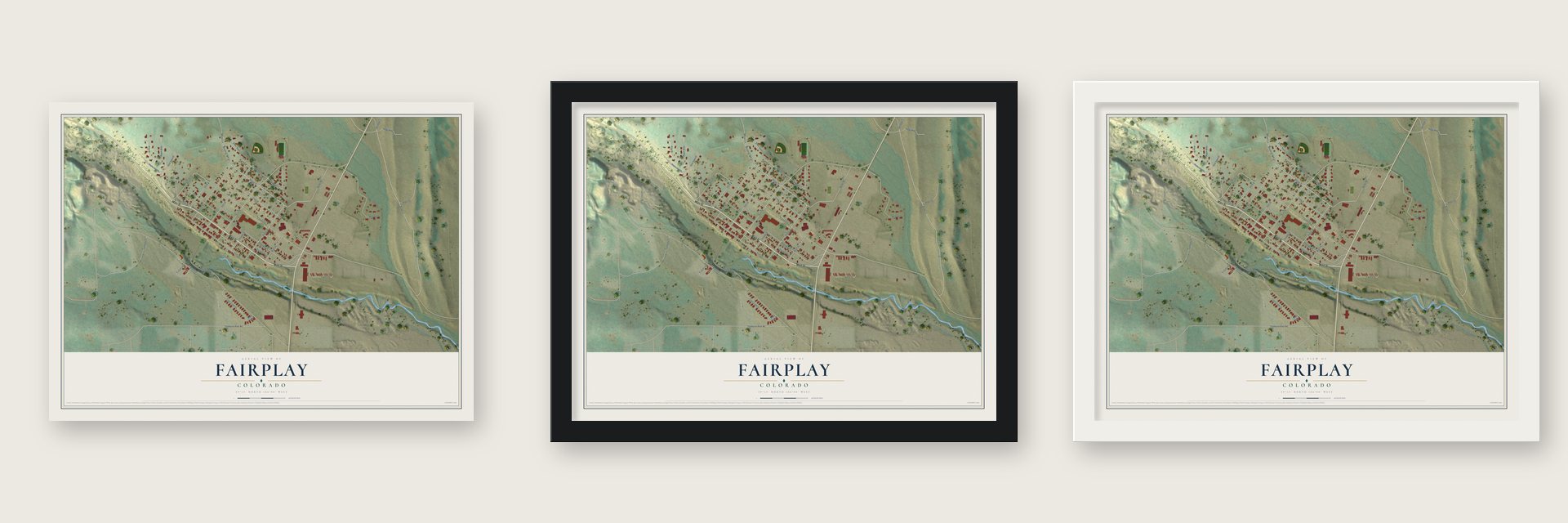 Fairplay, Colorado map unframed, in a black wood frame and in a white wood frame