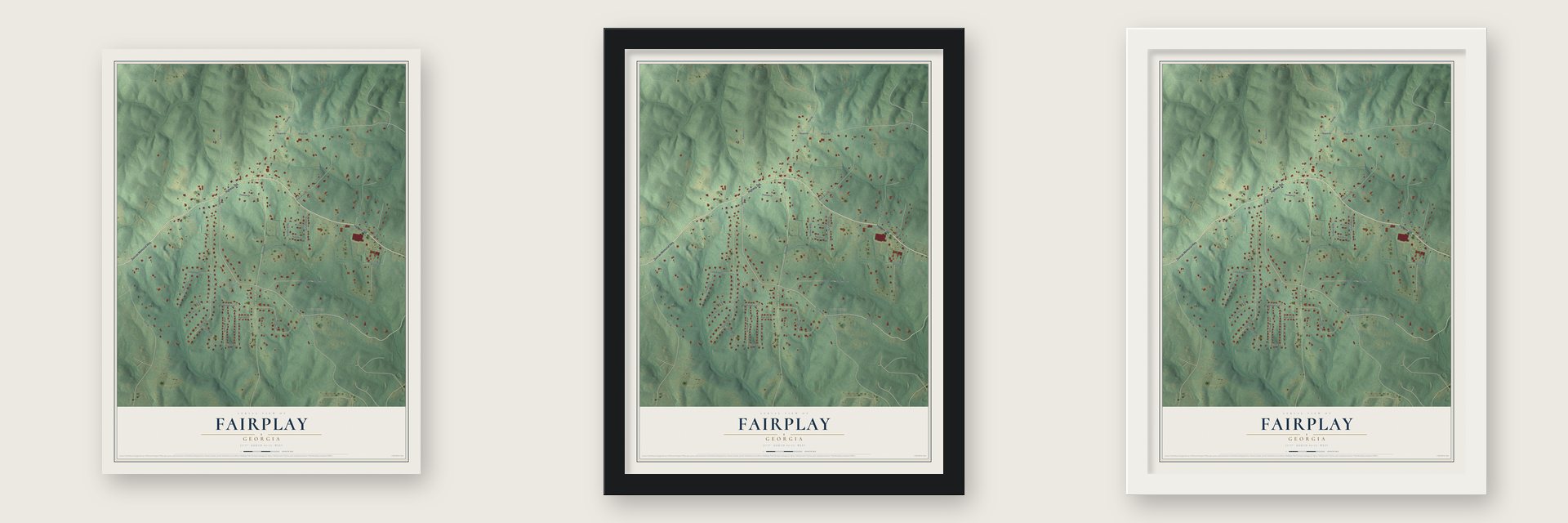 Fairplay, Georgia map unframed, in a black wood frame and in a white wood frame