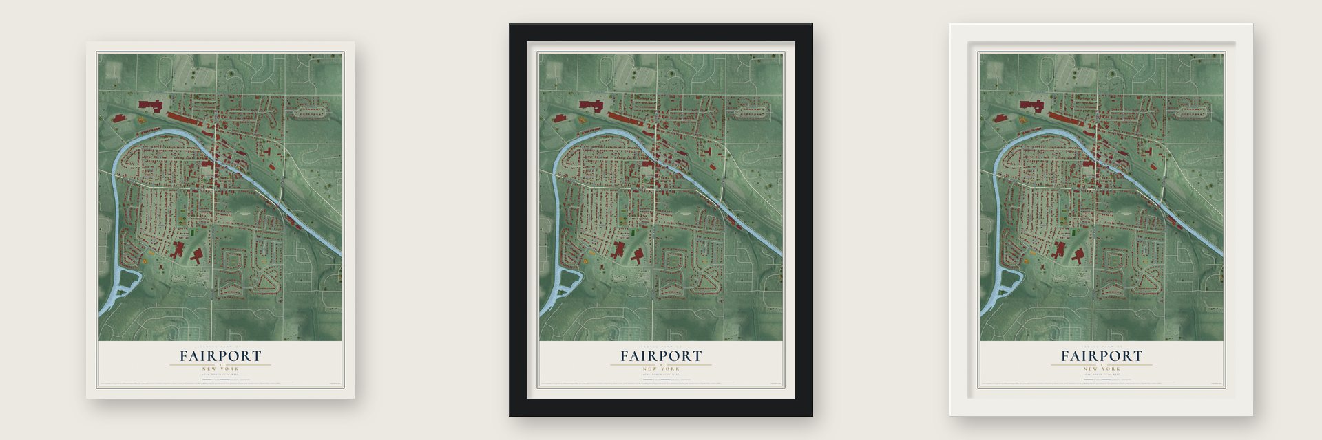 Fairport, New York map unframed, in a black wood frame and in a white wood frame