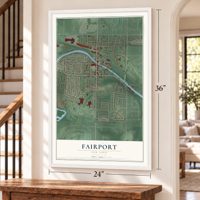 Fairport, New York map, 24 x 36 inch print in a white frame by a staircase