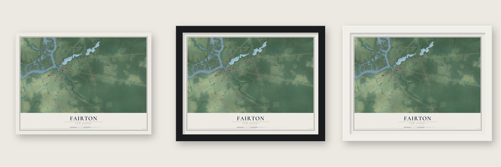Fairton, New Jersey map unframed, in a black wood frame and in a white wood frame