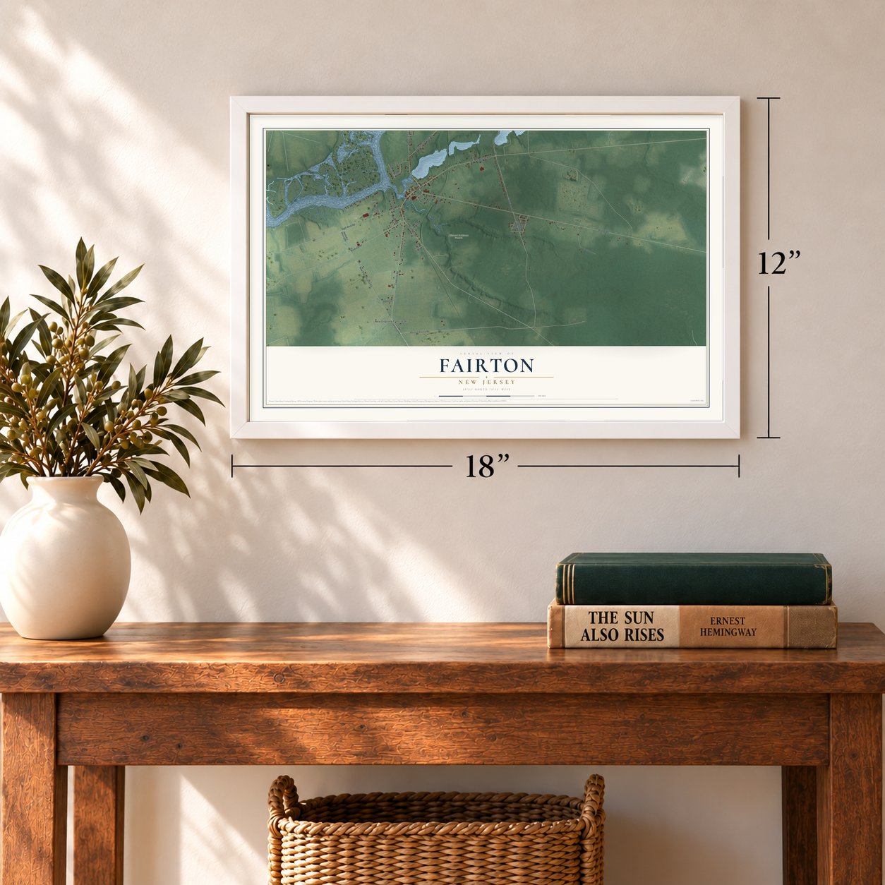 Fairton, New Jersey map, 12 x 18 inch print in a white frame in an entryway