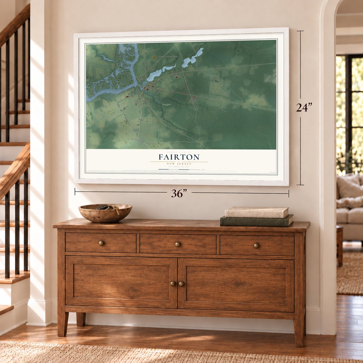 Fairton, New Jersey map, 24 x 36 inch print in a white frame above a dresser by a staircase