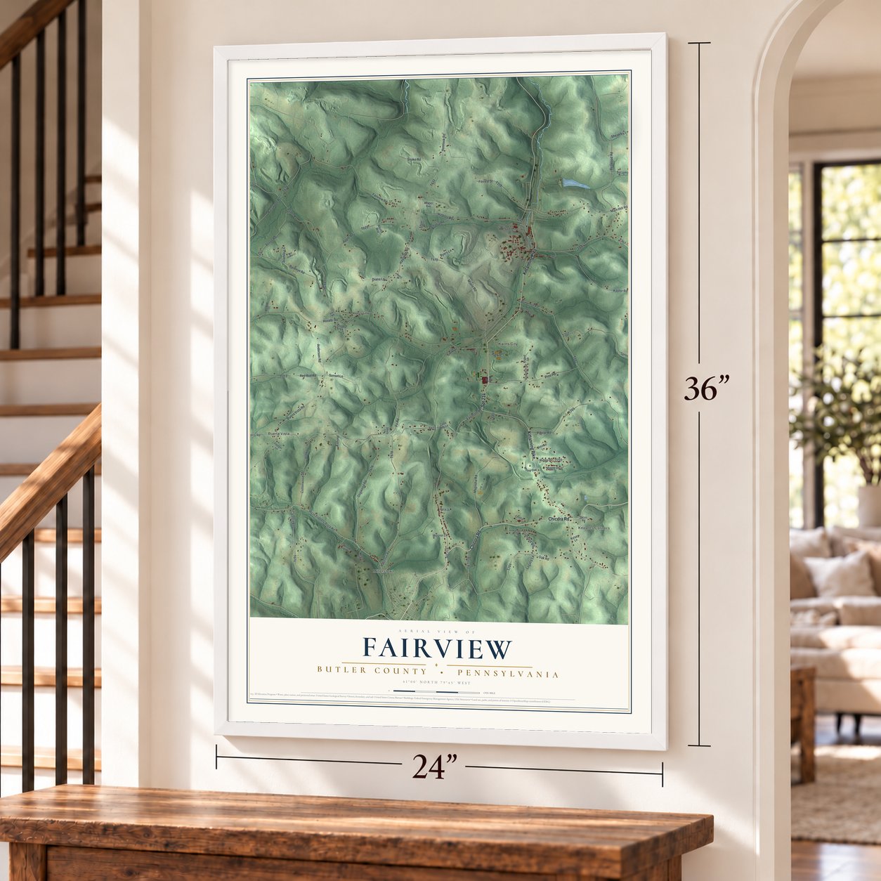 Fairview, Butler County, Pennsylvania map, 24 x 36 inch print in a white frame by a staircase