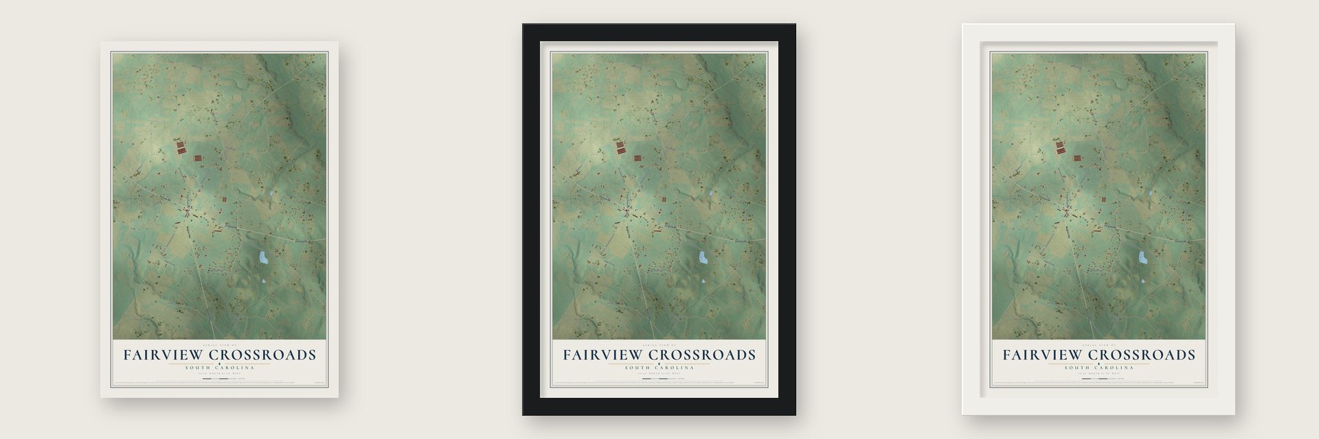 Fairview Crossroads, South Carolina map unframed, in a black wood frame and in a white wood frame