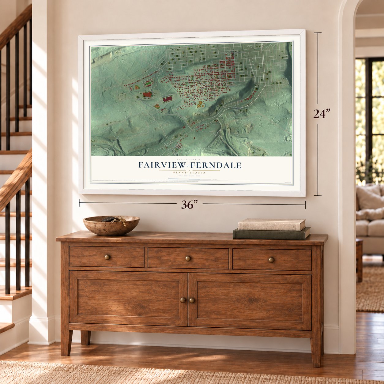 Fairview-Ferndale, Pennsylvania map, 24 x 36 inch print in a white frame above a dresser by a staircase