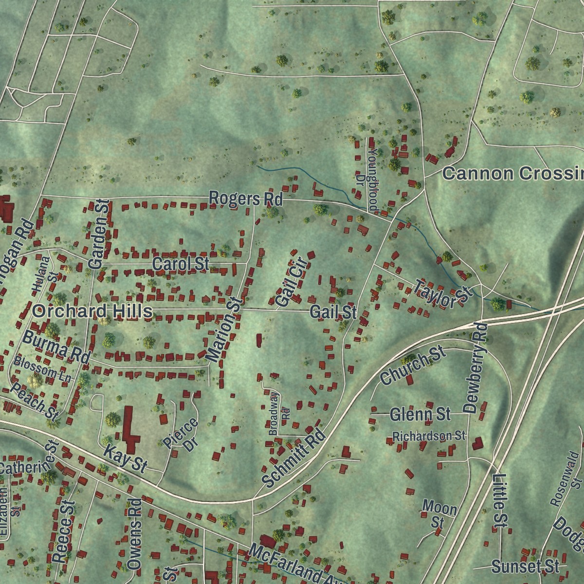 Second close-up of the map of Fairview, Georgia print showing more streets and buildings