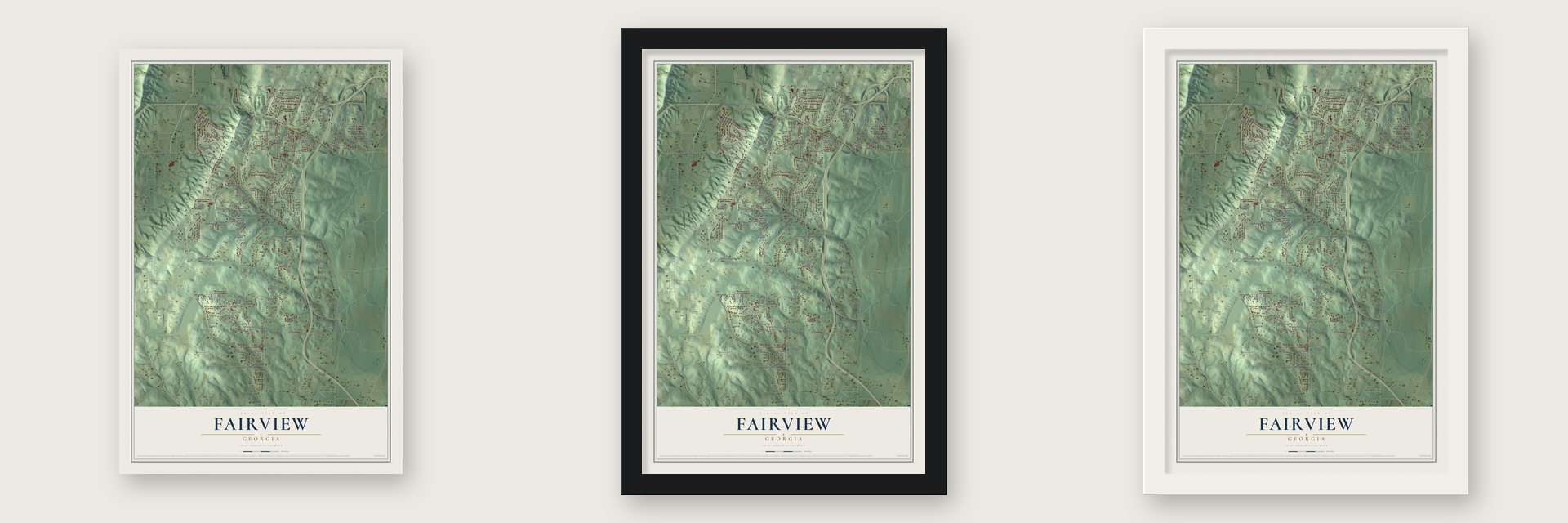 Fairview, Georgia map unframed, in a black wood frame and in a white wood frame