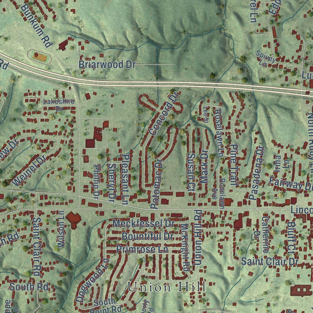 Second close-up of the map of Fairview Heights, Illinois print showing more streets and buildings