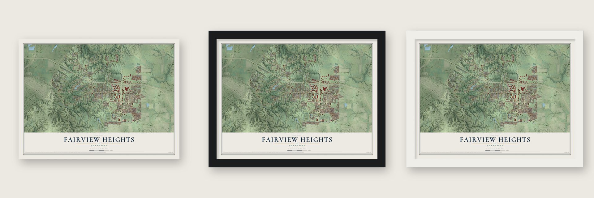 Fairview Heights, Illinois map unframed, in a black wood frame and in a white wood frame