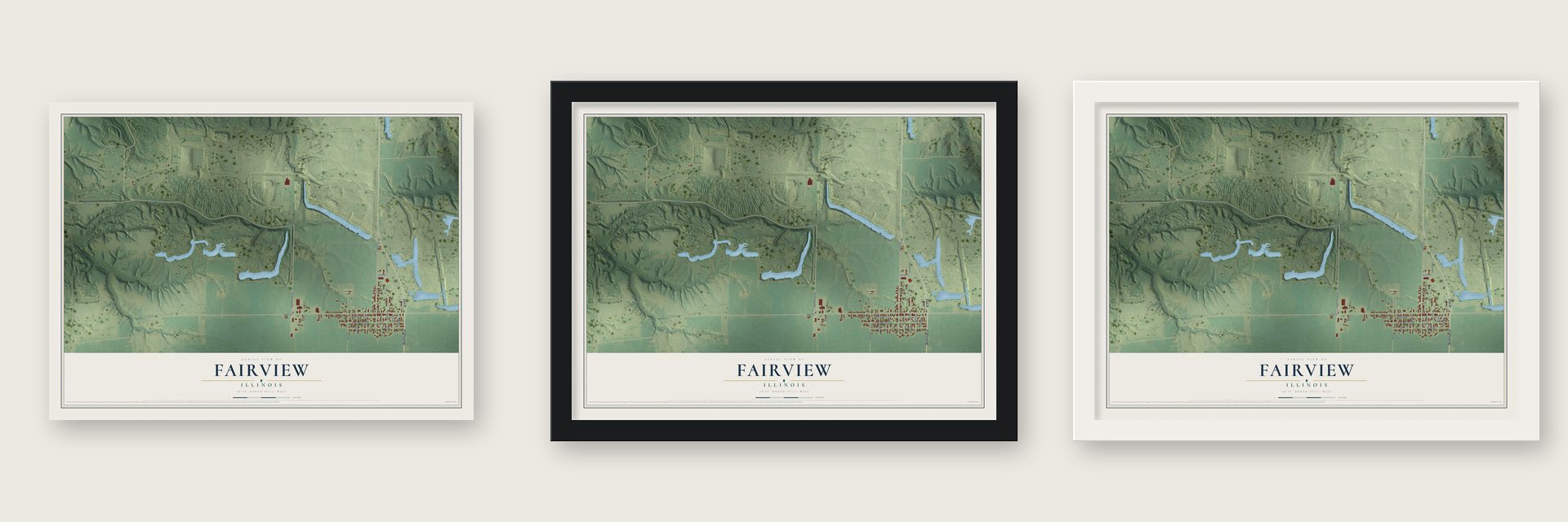 Fairview, Illinois map unframed, in a black wood frame and in a white wood frame