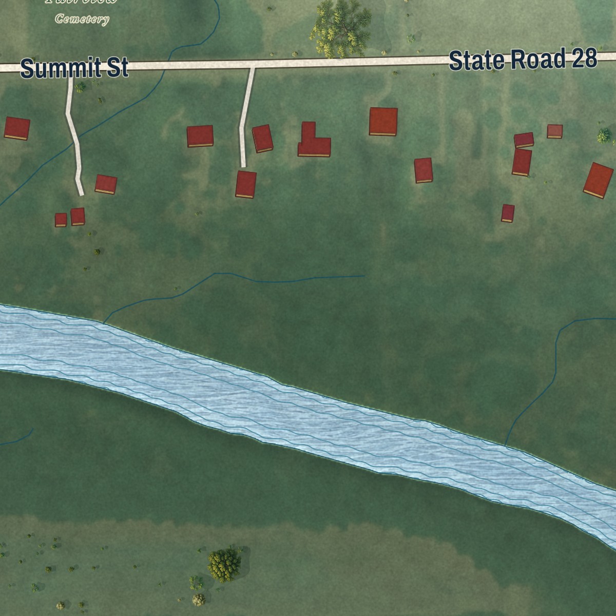 Second close-up of the map of Fairview, Indiana print showing more streets and buildings