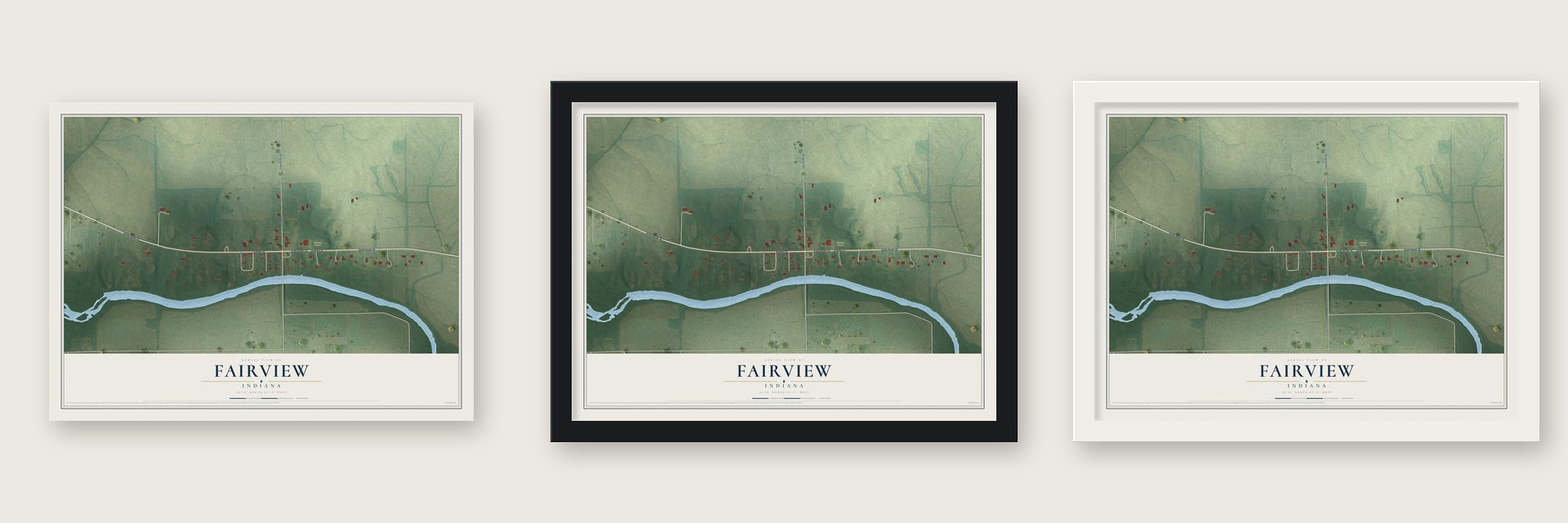 Fairview, Indiana map unframed, in a black wood frame and in a white wood frame