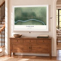 Fairview, Indiana map, 24 x 36 inch print in a white frame above a dresser by a staircase