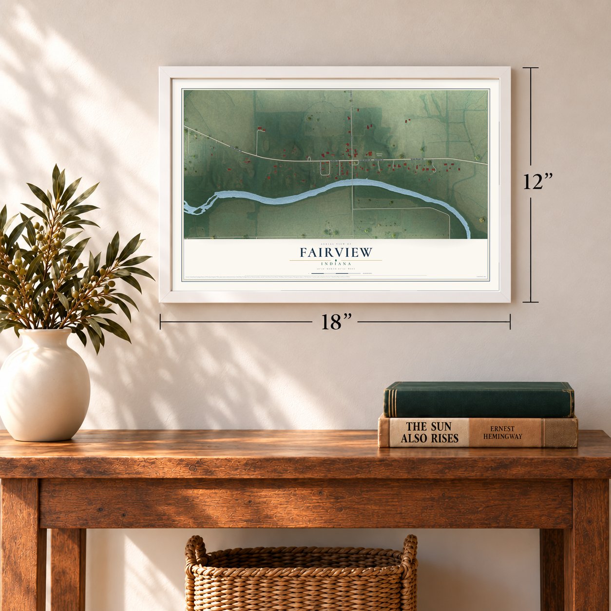 Fairview, Indiana map, 12 x 18 inch print in a white frame in an entryway