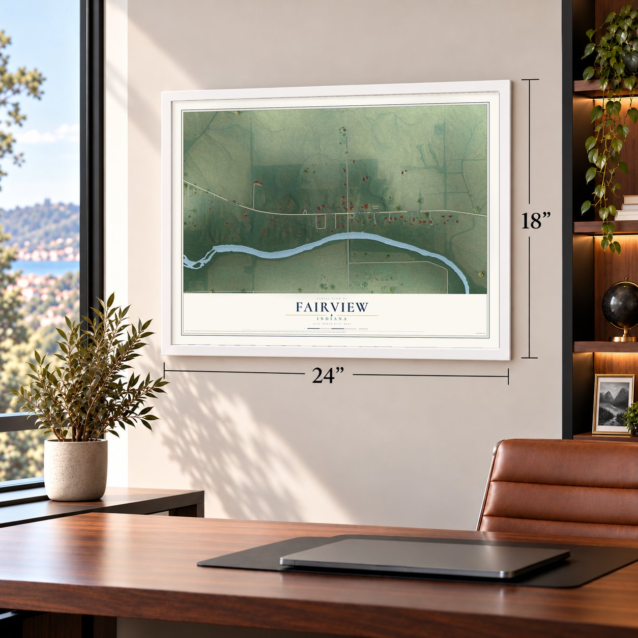 Fairview, Indiana map, 18 x 24 inch print in a white frame in a home office