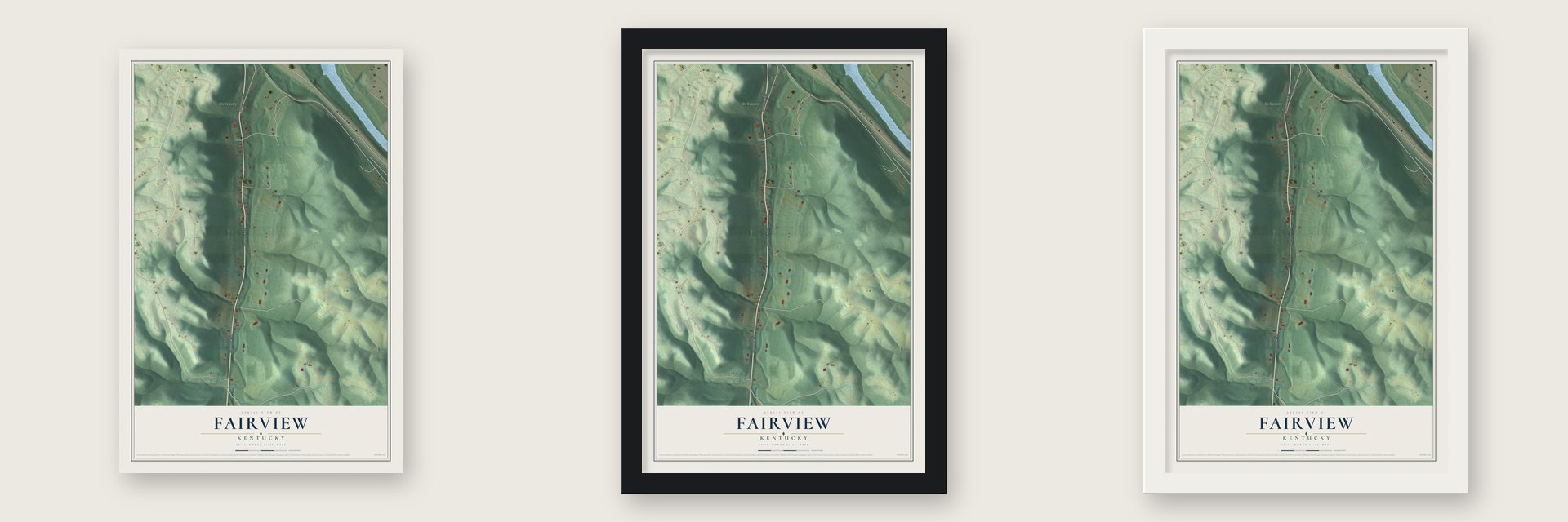 Fairview, Kentucky map unframed, in a black wood frame and in a white wood frame