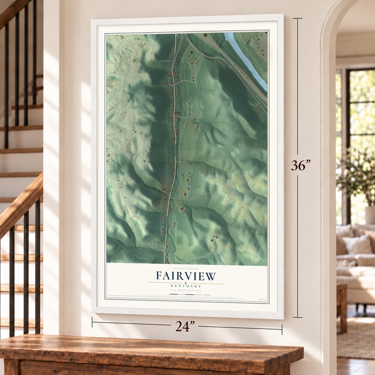 Fairview, Kentucky map, 24 x 36 inch print in a white frame by a staircase