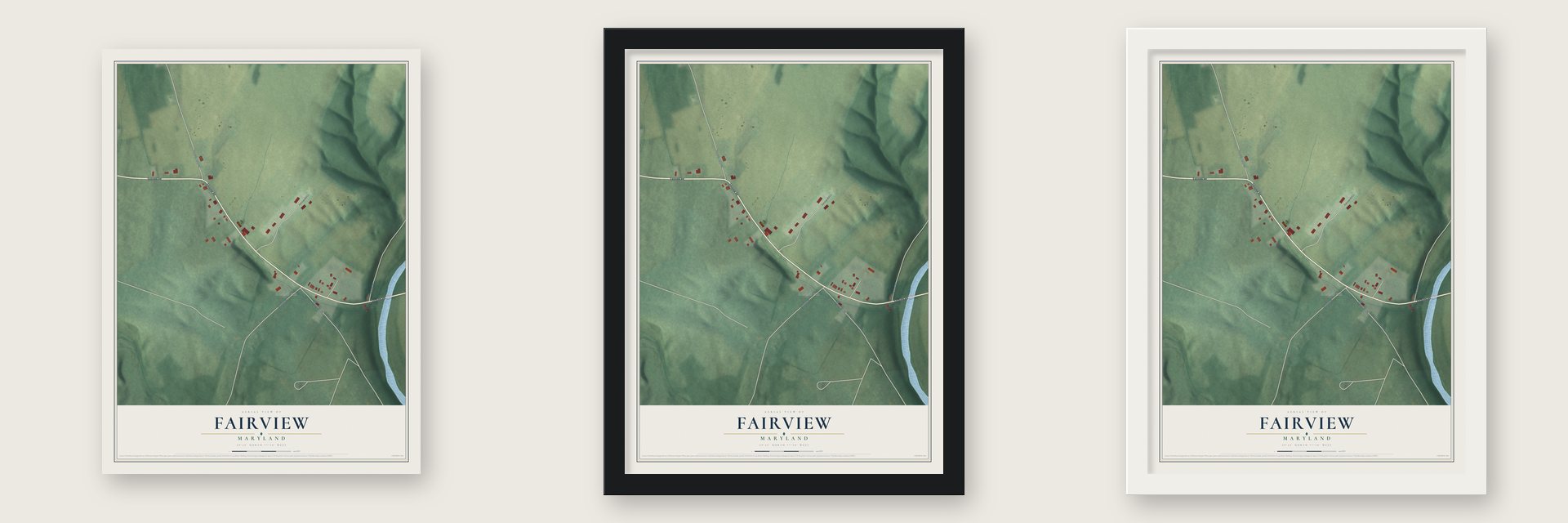 Fairview, Maryland map unframed, in a black wood frame and in a white wood frame
