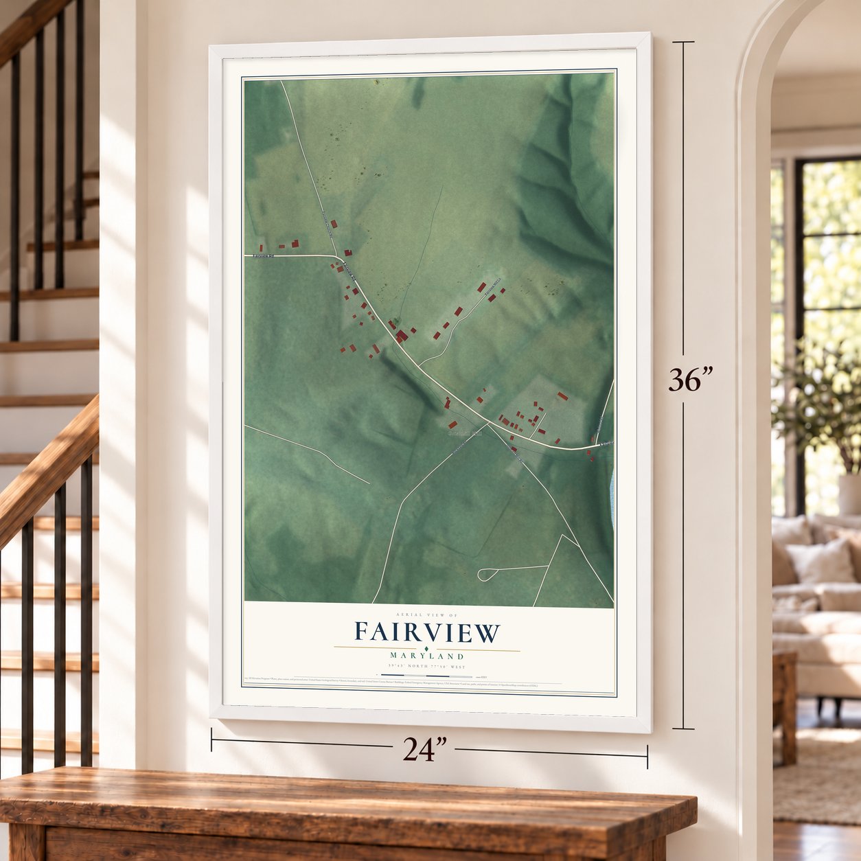 Fairview, Maryland map, 24 x 36 inch print in a white frame by a staircase