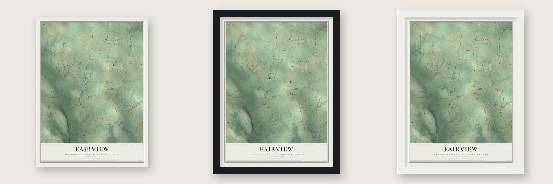 Fairview, Mercer County, Pennsylvania map unframed, in a black wood frame and in a white wood frame