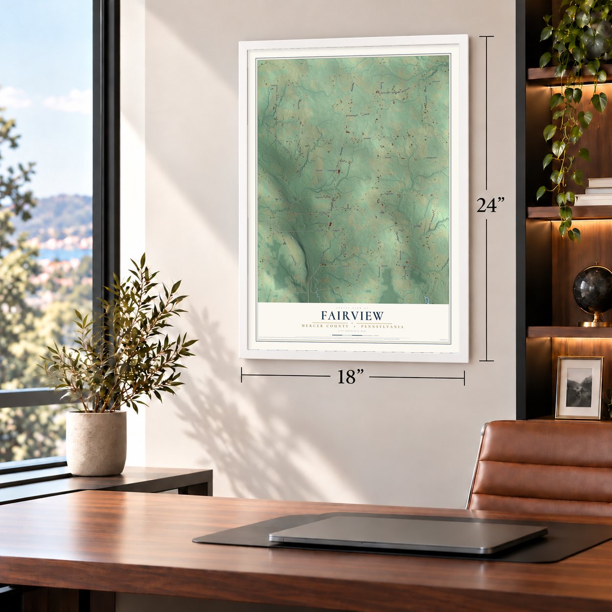 Fairview, Mercer County, Pennsylvania map, 18 x 24 inch print in a white frame in a home office