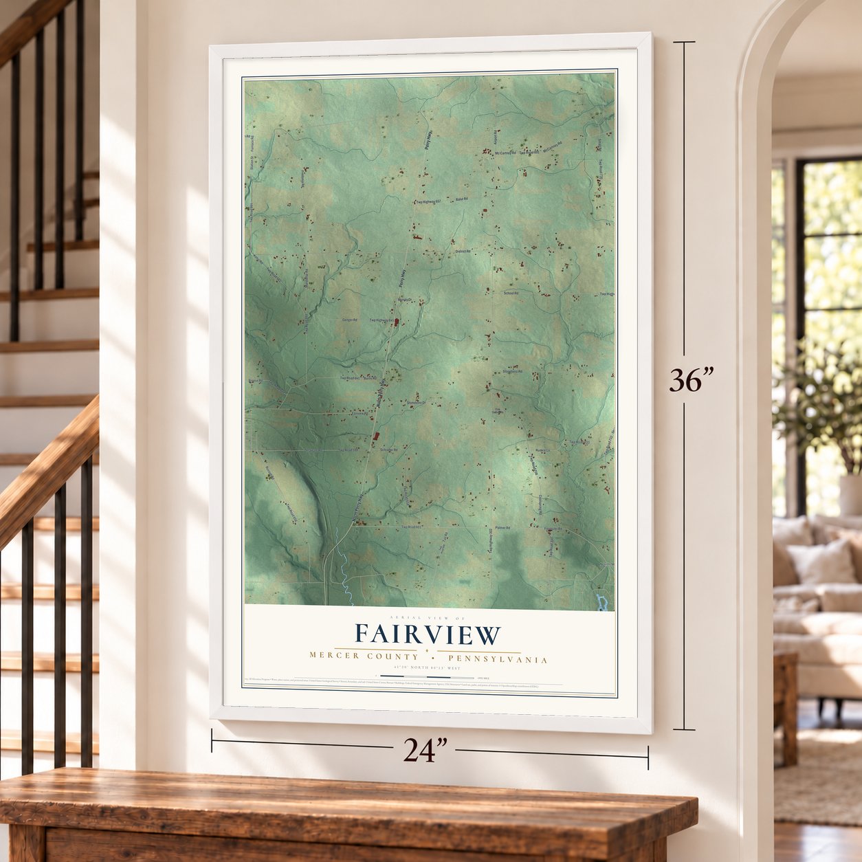 Fairview, Mercer County, Pennsylvania map, 24 x 36 inch print in a white frame by a staircase