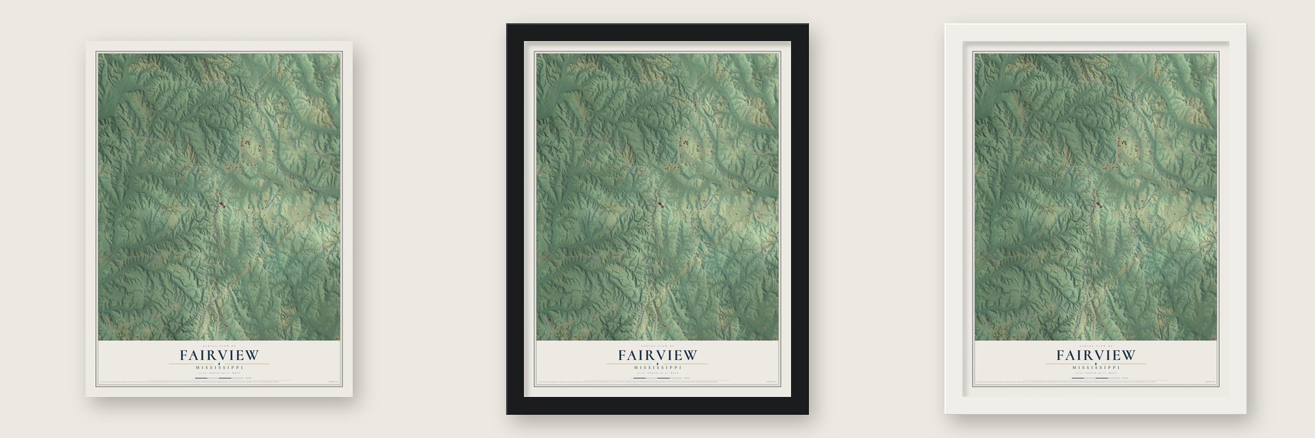 Fairview, Mississippi map unframed, in a black wood frame and in a white wood frame