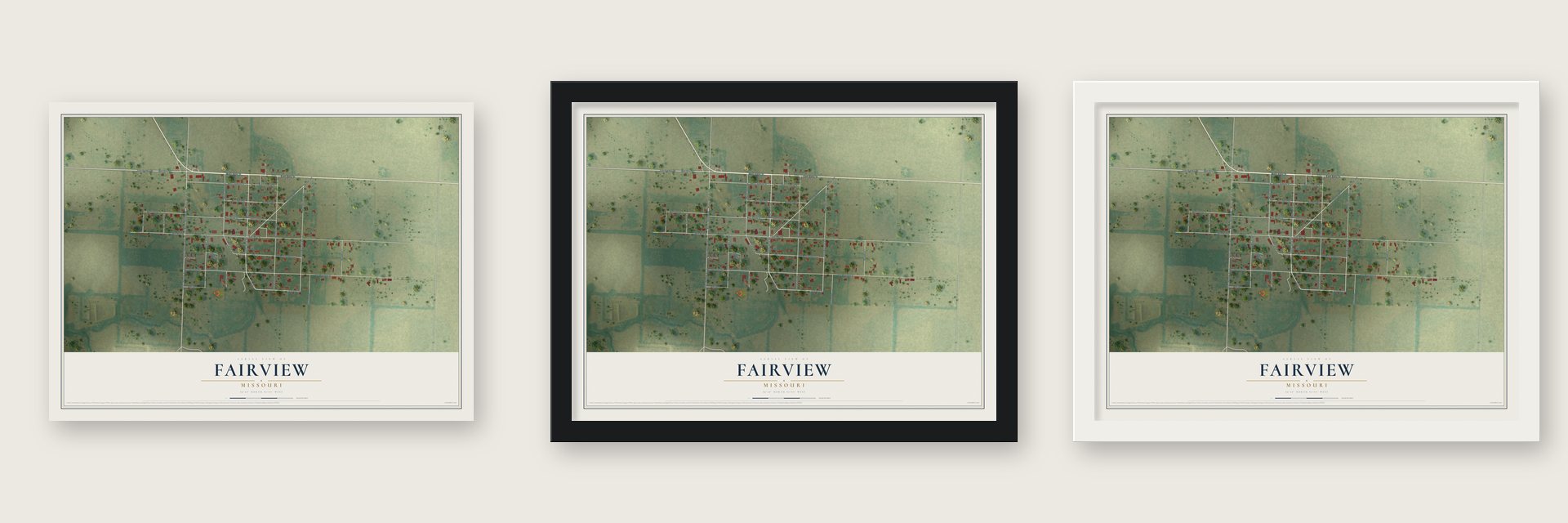 Fairview, Missouri map unframed, in a black wood frame and in a white wood frame