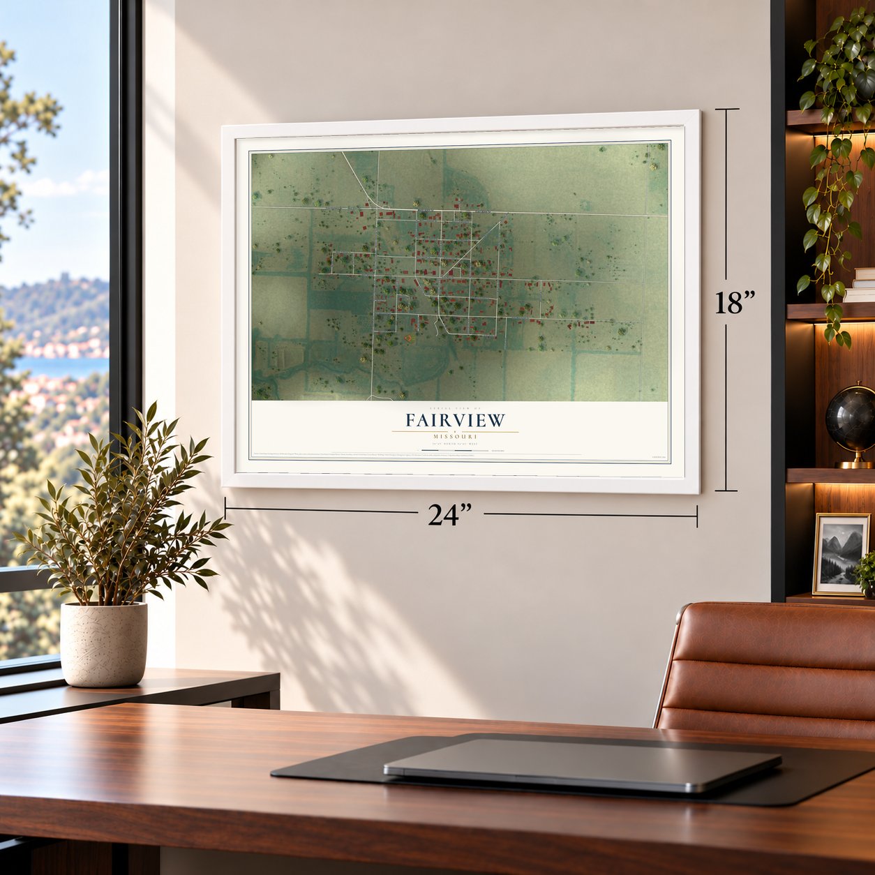 Fairview, Missouri map, 18 x 24 inch print in a white frame in a home office