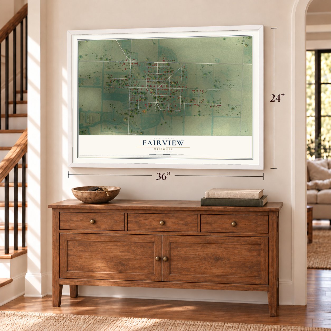 Fairview, Missouri map, 24 x 36 inch print in a white frame above a dresser by a staircase