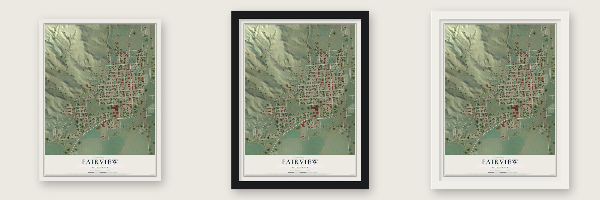 Fairview, Montana map unframed, in a black wood frame and in a white wood frame