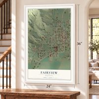 Fairview, Montana map, 24 x 36 inch print in a white frame by a staircase