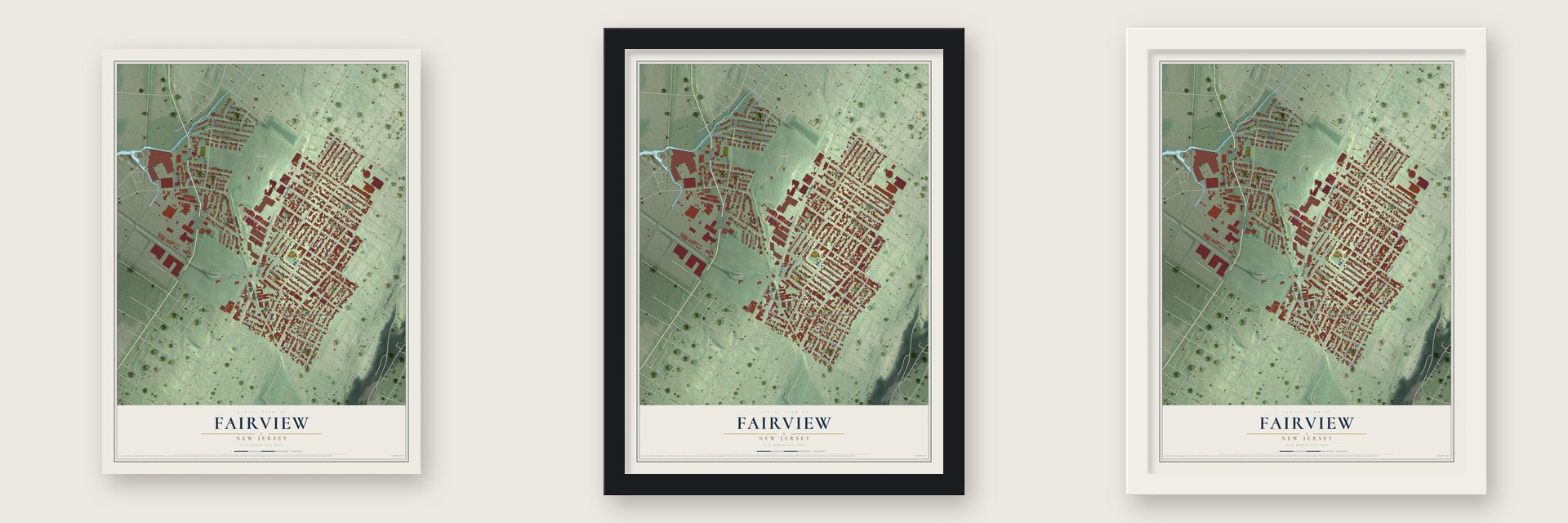 Fairview, New Jersey map unframed, in a black wood frame and in a white wood frame