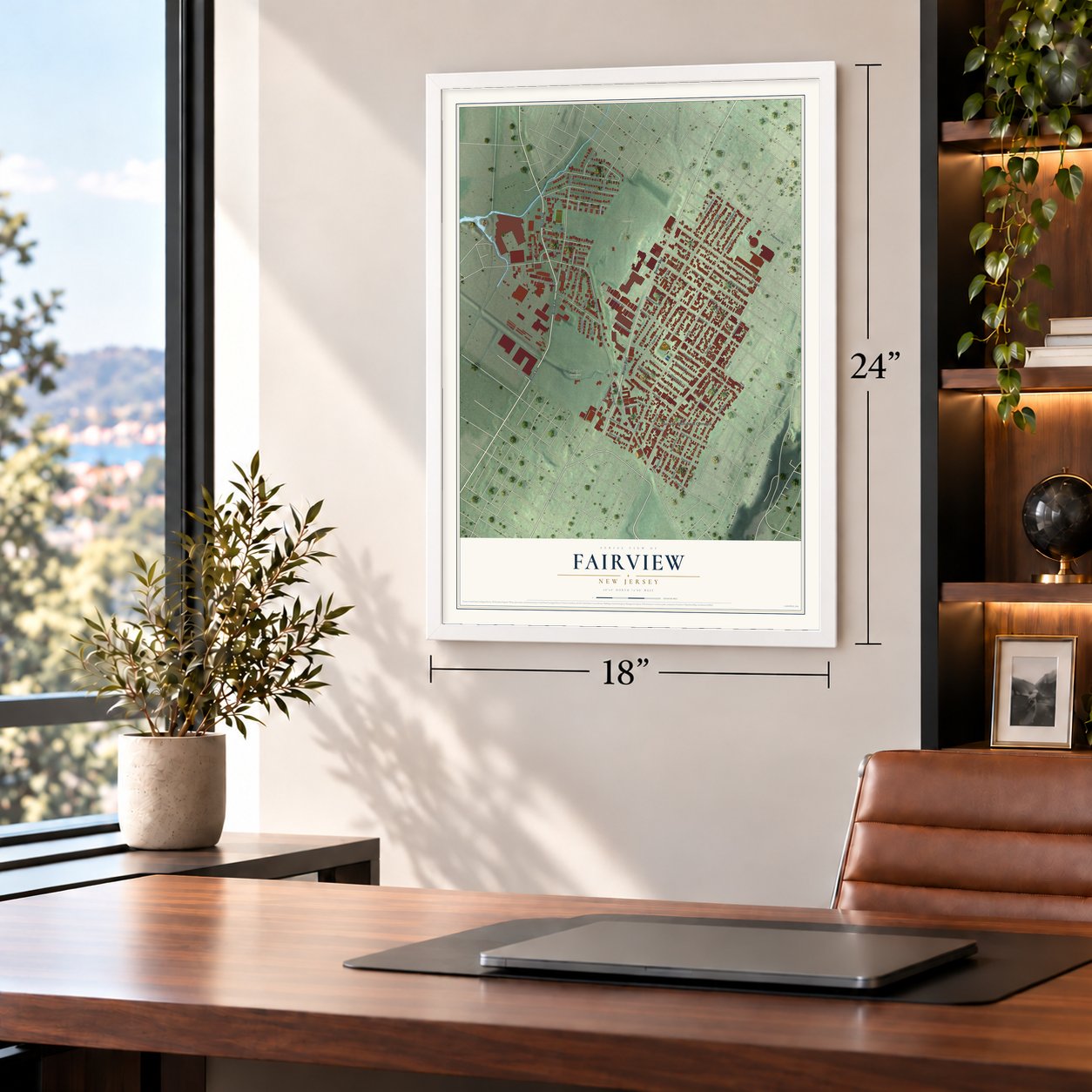 Fairview, New Jersey map, 18 x 24 inch print in a white frame in a home office