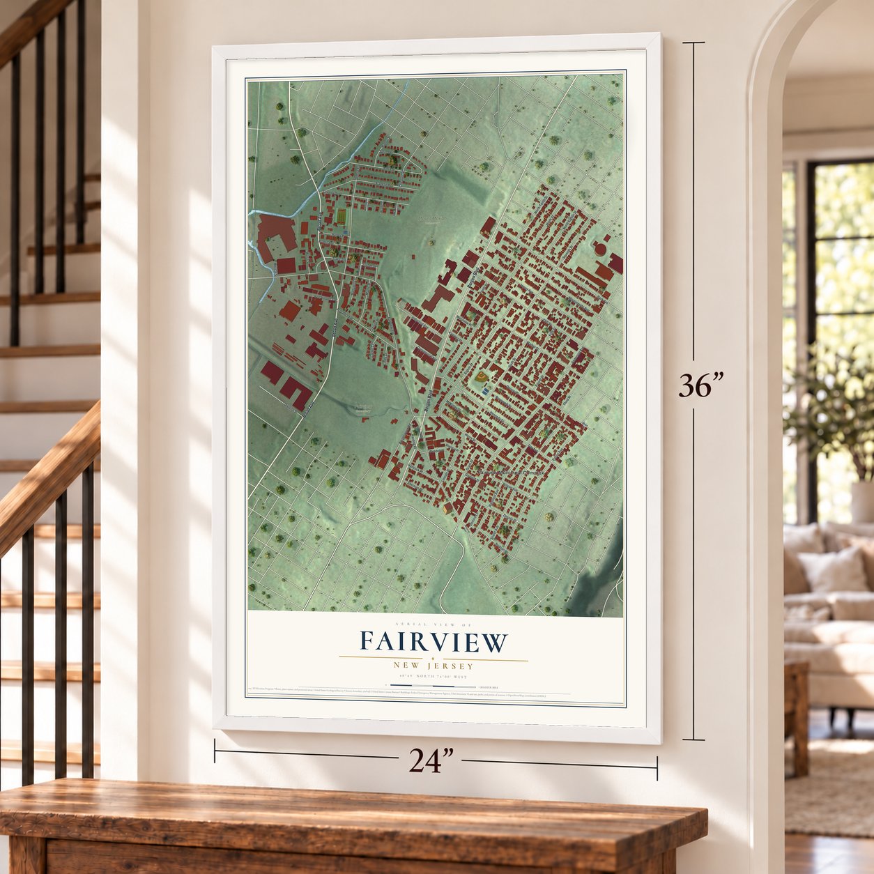 Fairview, New Jersey map, 24 x 36 inch print in a white frame by a staircase