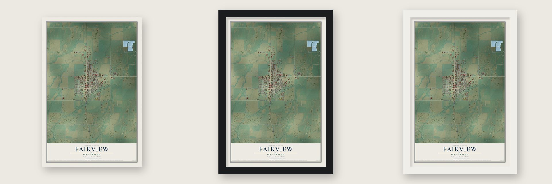 Fairview, Oklahoma map unframed, in a black wood frame and in a white wood frame