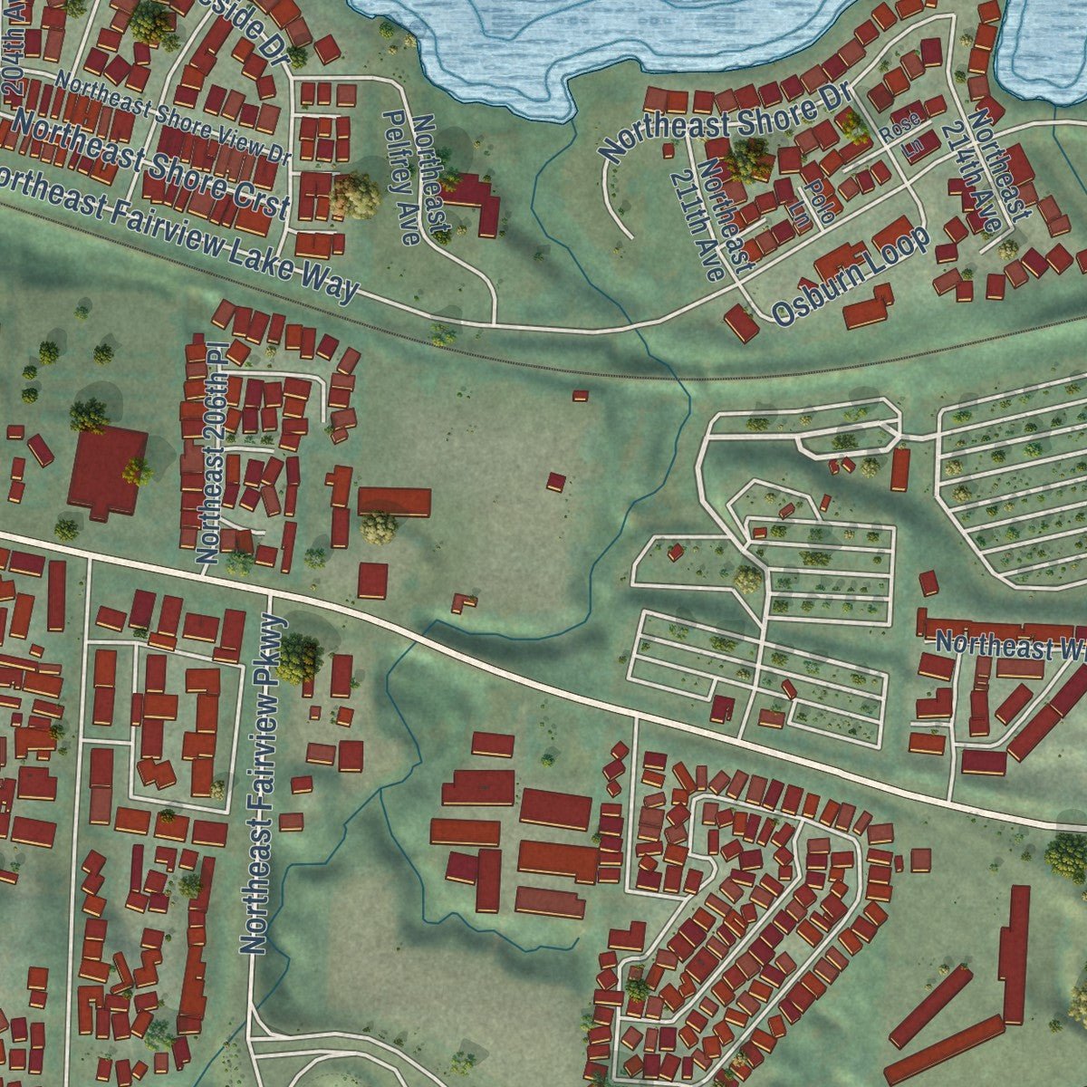 Second close-up of the map of Fairview, Oregon print showing more streets and buildings