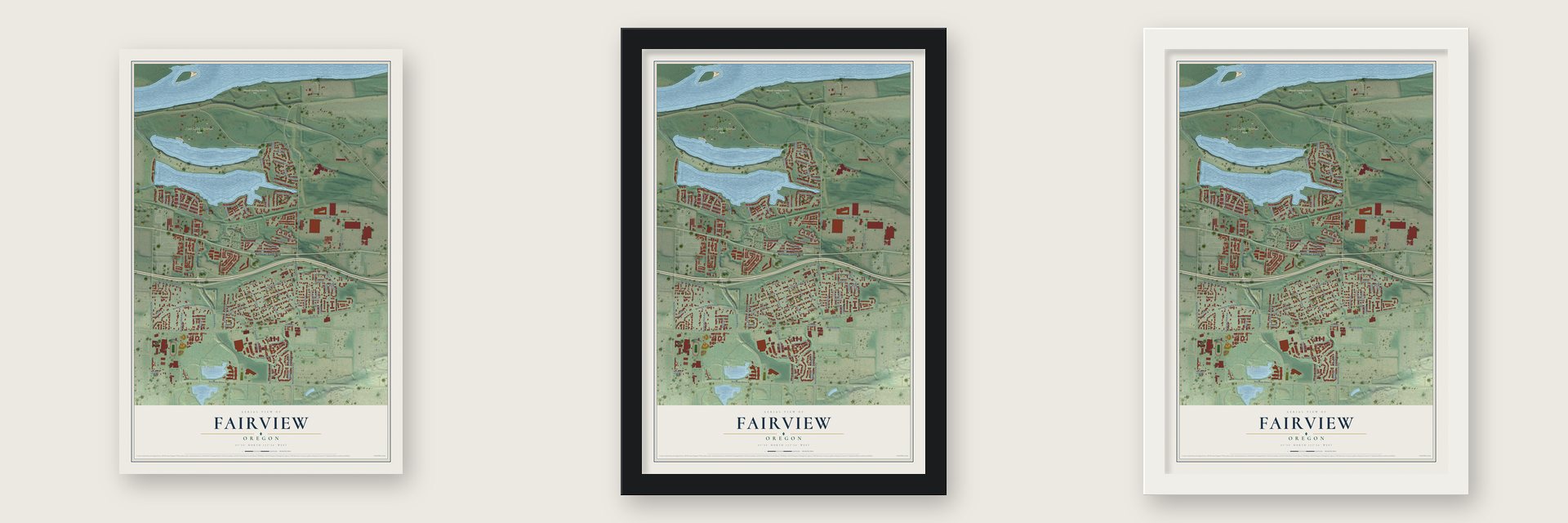Fairview, Oregon map unframed, in a black wood frame and in a white wood frame