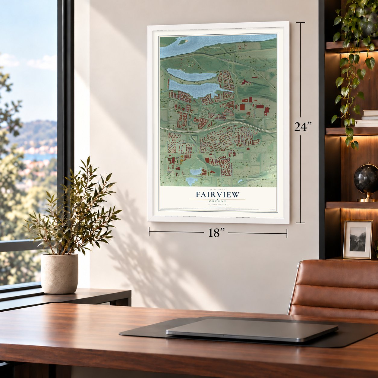 Fairview, Oregon map, 18 x 24 inch print in a white frame in a home office