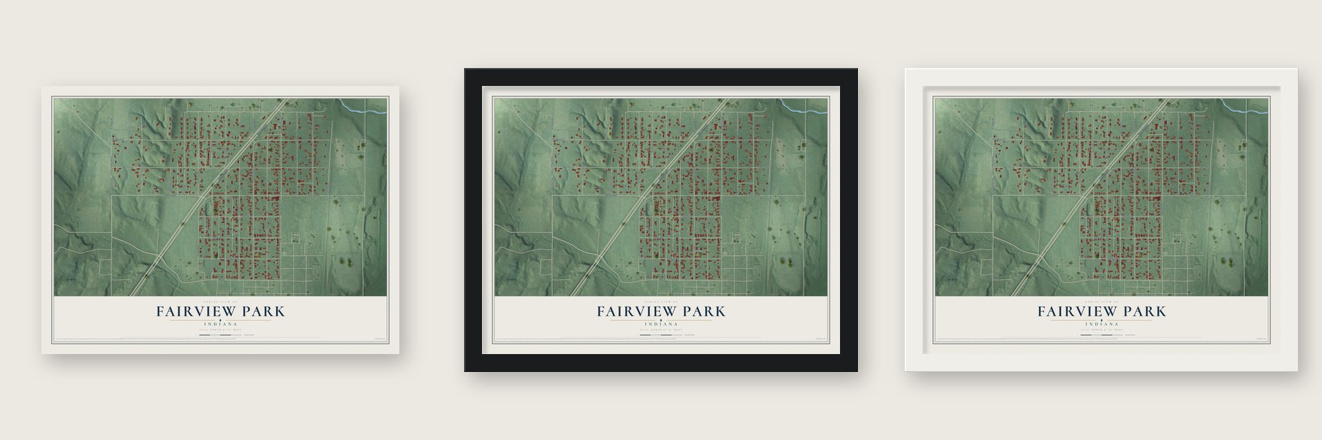 Fairview Park, Indiana map unframed, in a black wood frame and in a white wood frame