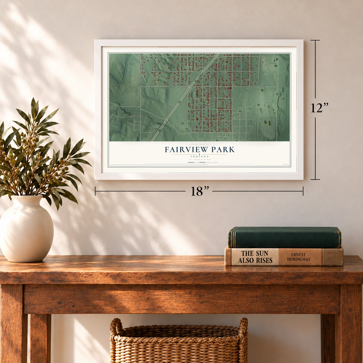 Fairview Park, Indiana map, 12 x 18 inch print in a white frame in an entryway