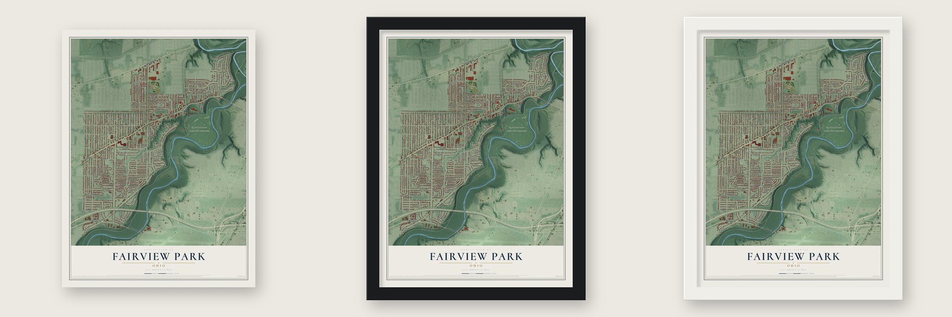 Fairview Park, Ohio map unframed, in a black wood frame and in a white wood frame