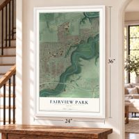 Fairview Park, Ohio map, 24 x 36 inch print in a white frame by a staircase
