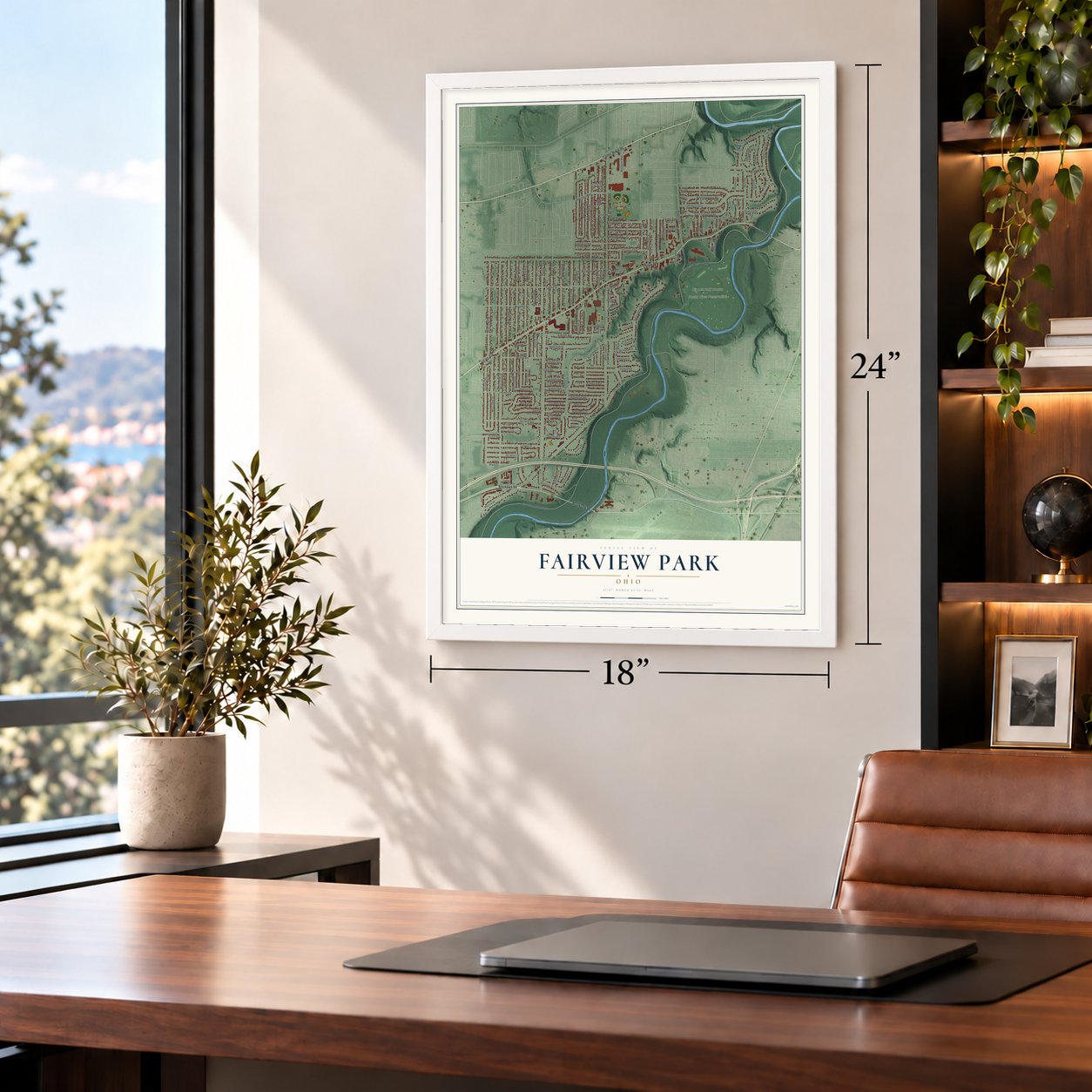 Fairview Park, Ohio map, 18 x 24 inch print in a white frame in a home office